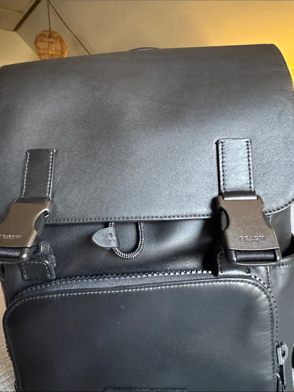 Coach Black Leather Men's Backpack with Front Zip Pocket